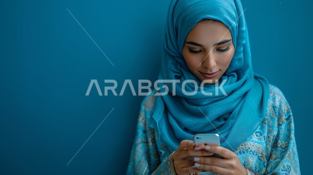 مفهوم الأنوثة والنعومة، الاهتمام بالأناقة والمظهر الخارجي، بورتريه مقرب لإمرأة عربية خليجية سعودية مبتسمة ترتدي حجاب وعباءة  وتمسك بيدها هاتف محمول، التواصل مع العائلة والاصدقاء, إيماءات الثقة بالنفس, خلفية زرقاء