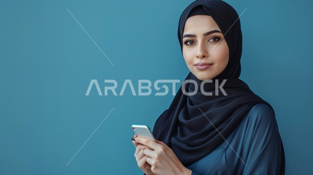 مفهوم الأنوثة والنعومة، الاهتمام بالأناقة والمظهر الخارجي، بورتريه مقرب لإمرأة عربية خليجية سعودية مبتسمة ترتدي حجاب وعباءة  وتمسك بيدها هاتف محمول، التواصل مع العائلة والاصدقاء, إيماءات الثقة بالنفس, خلفية زرقاء