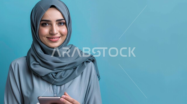 مفهوم الأنوثة والنعومة، الاهتمام بالأناقة والمظهر الخارجي، بورتريه مقرب لإمرأة عربية خليجية سعودية مبتسمة ترتدي حجاب وعباءة  وتمسك بيدها هاتف محمول، التواصل مع العائلة والاصدقاء, إيماءات الثقة بالنفس, خلفية زرقاء