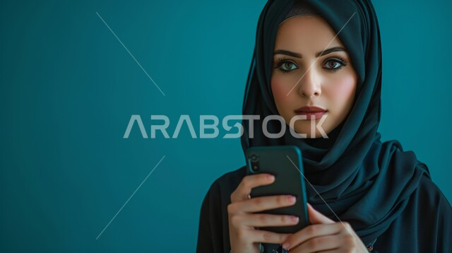 مفهوم الأنوثة والنعومة، الاهتمام بالأناقة والمظهر الخارجي، بورتريه مقرب لإمرأة عربية خليجية سعودية مبتسمة ترتدي حجاب وعباءة  وتمسك بيدها هاتف محمول، التواصل مع العائلة والاصدقاء, إيماءات الثقة بالنفس, خلفية زرقاء