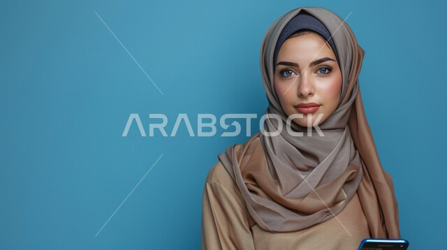 The concept of femininity and softness, interest in elegance and external appearance, a close-up portrait of a smiling Saudi Gulf Arab woman wearing a hijab and abaya and holding a mobile phone in her hand, communicating with family and friends, gestures of self-confidence, blue background
