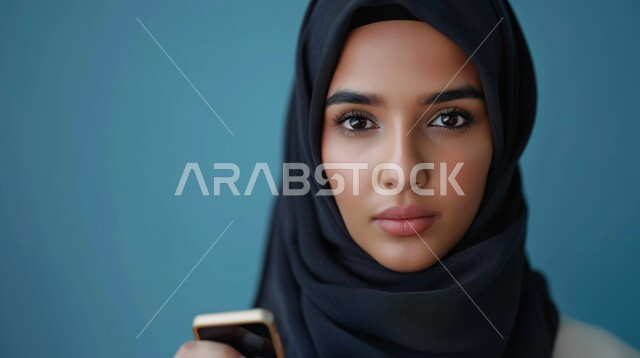 The concept of femininity and softness, interest in elegance and external appearance, a close-up portrait of a smiling Saudi Gulf Arab woman wearing a hijab and abaya and holding a mobile phone in her hand, communicating with family and friends, gestures of self-confidence, blue background
