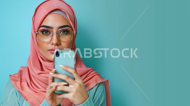 مفهوم الأنوثة والنعومة، الاهتمام بالأناقة والمظهر الخارجي، بورتريه مقرب لإمرأة عربية خليجية سعودية مبتسمة ترتدي حجاب وعباءة  وتمسك بيدها هاتف محمول، التواصل مع العائلة والاصدقاء, إيماءات الثقة بالنفس, خلفية زرقاء