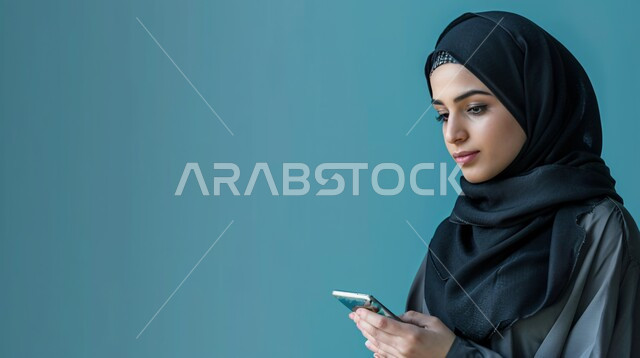 The concept of femininity and softness, interest in elegance and external appearance, a close-up portrait of a smiling Saudi Gulf Arab woman wearing a hijab and abaya and holding a mobile phone in her hand, communicating with family and friends, gestures of self-confidence, blue background
