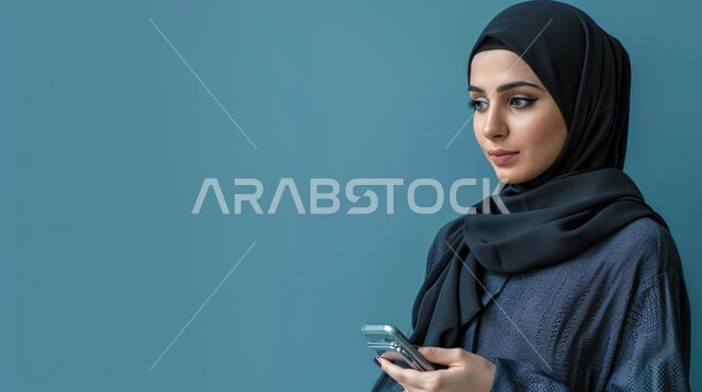 The concept of femininity and softness, interest in elegance and external appearance, a close-up portrait of a smiling Saudi Gulf Arab woman wearing a hijab and abaya and holding a mobile phone in her hand, communicating with family and friends, gestures of self-confidence, blue background