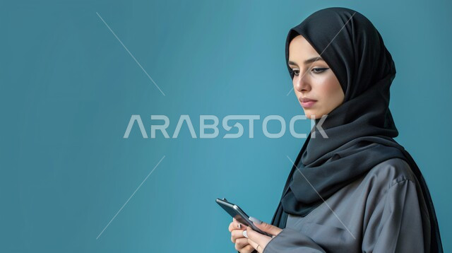 مفهوم الأنوثة والنعومة، الاهتمام بالأناقة والمظهر الخارجي، بورتريه مقرب لإمرأة عربية خليجية سعودية مبتسمة ترتدي حجاب وعباءة  وتمسك بيدها هاتف محمول، التواصل مع العائلة والاصدقاء, إيماءات الثقة بالنفس, خلفية زرقاء