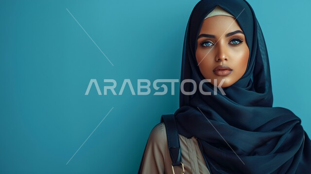مفهوم الأنوثة والنعومة، الاهتمام بالأناقة والمظهر الخارجي، بورتريه مقرب لإمرأة عربية خليجية سعودية مبتسمة ترتدي حجاب وعباءة  وتنظر الى الكاميرا بتعابير السرور، إيماءات الثقة بالنفس, خلفية زرقاء