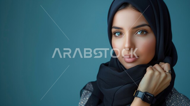 The concept of femininity and softness, interest in elegance and external appearance, a close-up portrait of a smiling Saudi Gulf Arab woman wearing a hijab and abaya and looking at the camera with expressions of pleasure, gestures of self-confidence, blue background