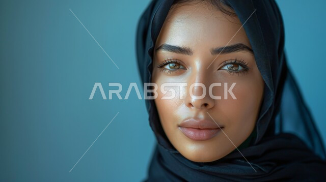 The concept of femininity and softness, interest in elegance and external appearance, a close-up portrait of a smiling Saudi Gulf Arab woman wearing a hijab and abaya and looking at the camera with expressions of pleasure, gestures of self-confidence, blue background