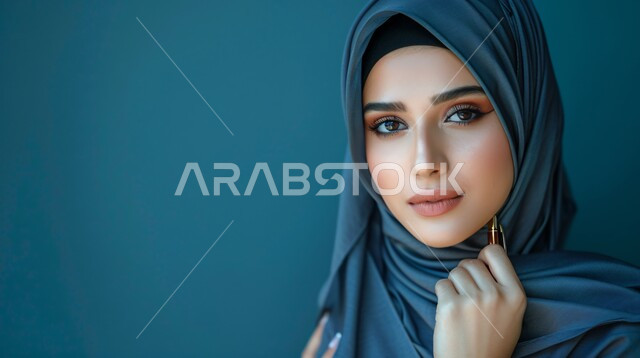 The concept of femininity and softness, interest in elegance and external appearance, a close-up portrait of a smiling Saudi Gulf Arab woman wearing a hijab and abaya and looking at the camera with expressions of pleasure, gestures of self-confidence, blue background