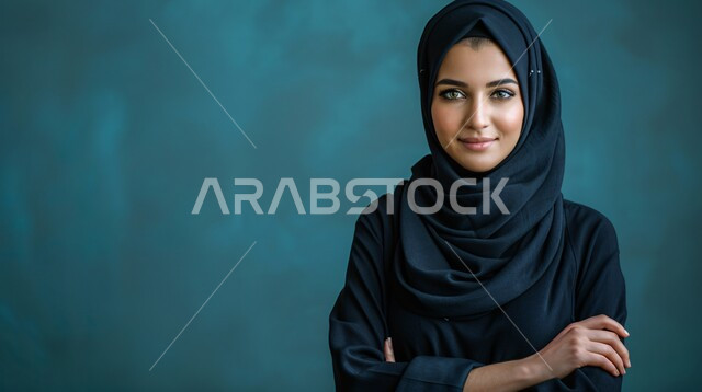 مفهوم الأنوثة والنعومة، الاهتمام بالأناقة والمظهر الخارجي، بورتريه مقرب لإمرأة عربية خليجية سعودية مبتسمة ترتدي حجاب وعباءة  وتنظر الى الكاميرا بتعابير السرور، إيماءات الثقة بالنفس, خلفية زرقاء