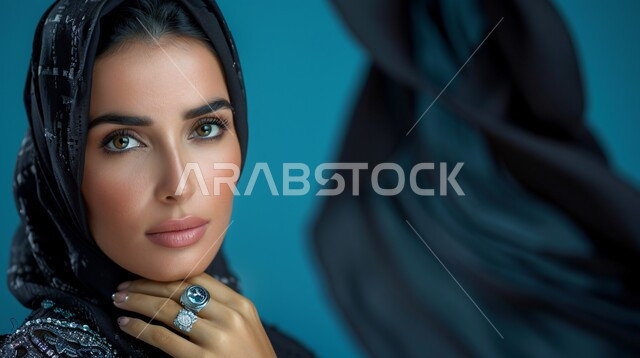 مفهوم الأنوثة والنعومة، الاهتمام بالأناقة والمظهر الخارجي، بورتريه مقرب لإمرأة عربية خليجية سعودية مبتسمة ترتدي حجاب وعباءة  وتنظر الى الكاميرا بتعابير السرور، إيماءات الثقة بالنفس, خلفية زرقاء