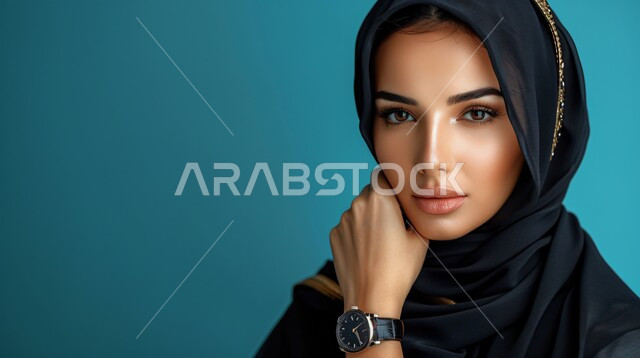 مفهوم الأنوثة والنعومة، الاهتمام بالأناقة والمظهر الخارجي، بورتريه مقرب لإمرأة عربية خليجية سعودية مبتسمة ترتدي حجاب وعباءة  وتنظر الى الكاميرا بتعابير السرور، إيماءات الثقة بالنفس, خلفية زرقاء