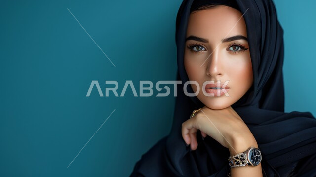 مفهوم الأنوثة والنعومة، الاهتمام بالأناقة والمظهر الخارجي، بورتريه مقرب لإمرأة عربية خليجية سعودية مبتسمة ترتدي حجاب وعباءة  وتنظر الى الكاميرا بتعابير السرور، إيماءات الثقة بالنفس, خلفية زرقاء