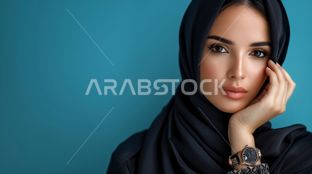 The concept of femininity and softness, interest in elegance and external appearance, a close-up portrait of a smiling Saudi Gulf Arab woman wearing a hijab and abaya and looking at the camera with expressions of pleasure, gestures of self-confidence, blue background