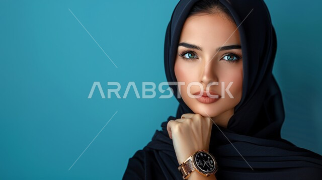 مفهوم الأنوثة والنعومة، الاهتمام بالأناقة والمظهر الخارجي، بورتريه مقرب لإمرأة عربية خليجية سعودية مبتسمة ترتدي حجاب وعباءة  وتنظر الى الكاميرا بتعابير السرور، إيماءات الثقة بالنفس, خلفية زرقاء