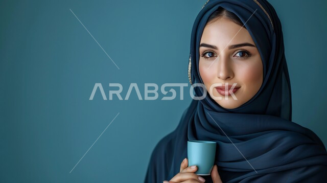 مفهوم الأنوثة والنعومة، الاهتمام بالأناقة والمظهر الخارجي، بورتريه مقرب لإمرأة عربية خليجية سعودية مبتسمة ترتدي حجاب وعباءة  تنظر الى الكاميرا بتعابير السرور وتحمل بيدها كوب من القهوة، إيماءات الثقة بالنفس, خلفية زرقاء
