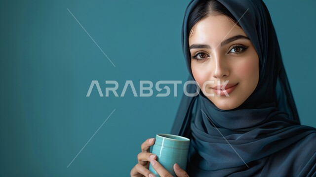 The concept of femininity and softness, interest in elegance and external appearance, a close-up portrait of a smiling Saudi Gulf Arab woman wearing a hijab and abaya, looking at the camera with expressions of pleasure and holding a cup of coffee in her hand, gestures of self-confidence, blue background