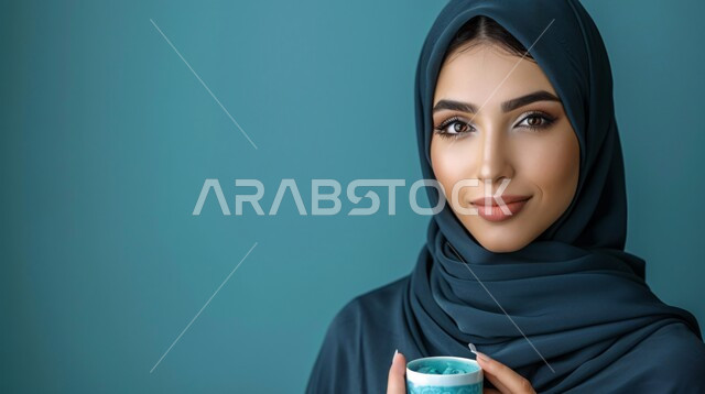 The concept of femininity and softness, interest in elegance and external appearance, a close-up portrait of a smiling Saudi Gulf Arab woman wearing a hijab and abaya, looking at the camera with expressions of pleasure and holding a cup of coffee in her hand, gestures of self-confidence, blue background