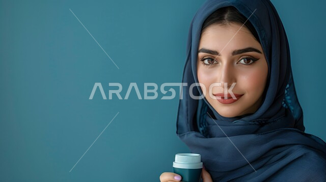 The concept of femininity and softness, interest in elegance and external appearance, a close-up portrait of a smiling Saudi Gulf Arab woman wearing a hijab and abaya, looking at the camera with expressions of pleasure and holding a cup of coffee in her hand, gestures of self-confidence, blue background