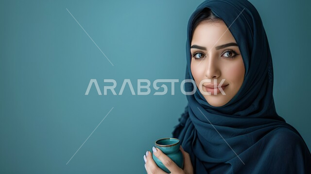 مفهوم الأنوثة والنعومة، الاهتمام بالأناقة والمظهر الخارجي، بورتريه مقرب لإمرأة عربية خليجية سعودية مبتسمة ترتدي حجاب وعباءة  تنظر الى الكاميرا بتعابير السرور وتحمل بيدها كوب من القهوة، إيماءات الثقة بالنفس, خلفية زرقاء