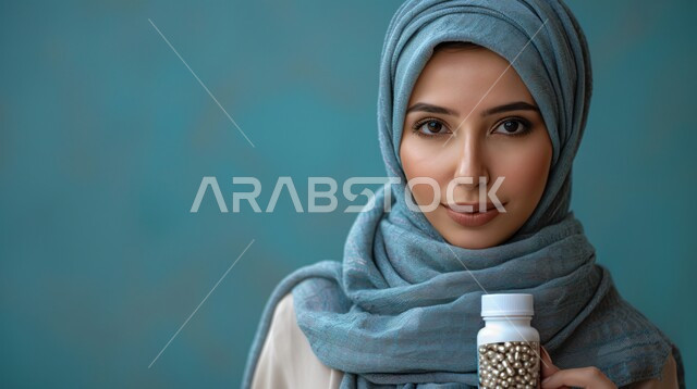 مفهوم العناية بالبشرة, الأنوثة والنعومة و الاهتمام بالأناقة والمظهر الخارجي، بورتريه مقرب لإمرأة عربية خليجية سعودية مبتسمة ترتدي حجاب وعباءة  تنظر الى الكاميرا بتعابير السرور وتحمل بيدها مرطب تجميل، إيماءات الثقة بالنفس, خلفية زرقاء