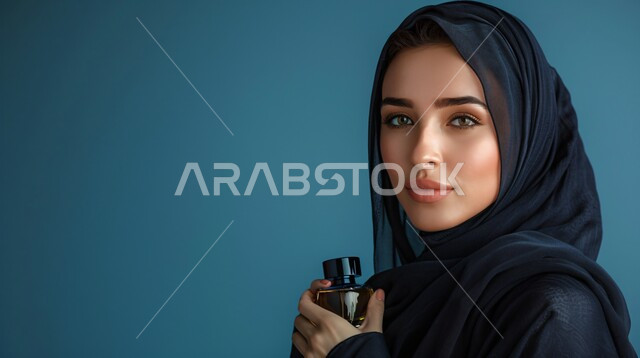 مفهوم العناية بالبشرة, الأنوثة والنعومة و الاهتمام بالأناقة والمظهر الخارجي، بورتريه مقرب لإمرأة عربية خليجية سعودية مبتسمة ترتدي حجاب وعباءة  تنظر الى الكاميرا بتعابير السرور وتحمل بيدها مرطب تجميل، إيماءات الثقة بالنفس, خلفية زرقاء