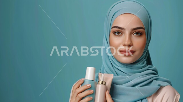 مفهوم العناية بالبشرة, الأنوثة والنعومة و الاهتمام بالأناقة والمظهر الخارجي، بورتريه مقرب لإمرأة عربية خليجية سعودية مبتسمة ترتدي حجاب وعباءة  تنظر الى الكاميرا بتعابير السرور وتحمل بيدها مرطب تجميل، إيماءات الثقة بالنفس, خلفية زرقاء