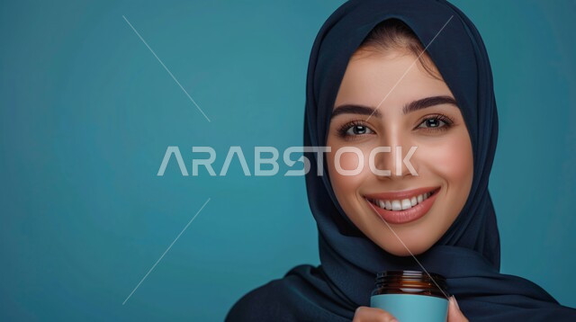 مفهوم العناية بالبشرة, الأنوثة والنعومة و الاهتمام بالأناقة والمظهر الخارجي، بورتريه مقرب لإمرأة عربية خليجية سعودية مبتسمة ترتدي حجاب وعباءة  تنظر الى الكاميرا بتعابير السرور وتحمل بيدها مرطب تجميل، إيماءات الثقة بالنفس, خلفية زرقاء