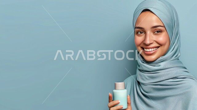 مفهوم العناية بالبشرة, الأنوثة والنعومة و الاهتمام بالأناقة والمظهر الخارجي، بورتريه مقرب لإمرأة عربية خليجية سعودية مبتسمة ترتدي حجاب وعباءة  تنظر الى الكاميرا بتعابير السرور وتحمل بيدها مرطب تجميل، إيماءات الثقة بالنفس, خلفية زرقاء