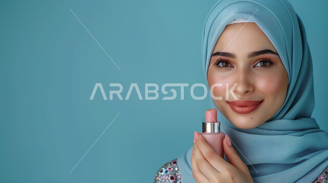 مفهوم العناية بالبشرة, الأنوثة والنعومة و الاهتمام بالأناقة والمظهر الخارجي، بورتريه مقرب لإمرأة عربية خليجية سعودية مبتسمة ترتدي حجاب وعباءة  تنظر الى الكاميرا بتعابير السرور وتحمل بيدها مرطب تجميل، إيماءات الثقة بالنفس, خلفية زرقاء