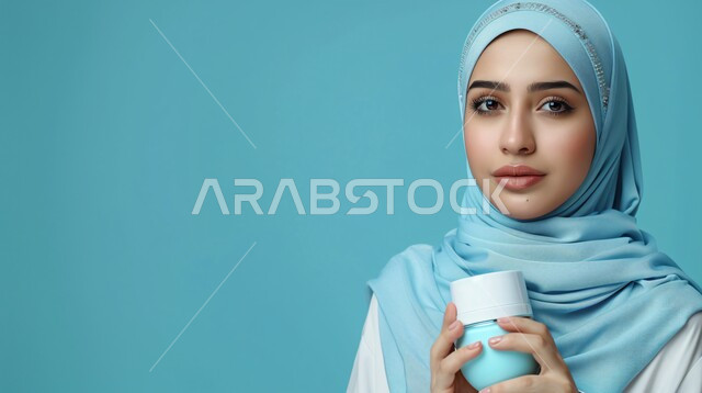 مفهوم العناية بالبشرة, الأنوثة والنعومة و الاهتمام بالأناقة والمظهر الخارجي، بورتريه مقرب لإمرأة عربية خليجية سعودية مبتسمة ترتدي حجاب وعباءة  تنظر الى الكاميرا بتعابير السرور وتحمل بيدها مرطب تجميل، إيماءات الثقة بالنفس, خلفية زرقاء