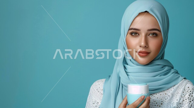 مفهوم العناية بالبشرة, الأنوثة والنعومة و الاهتمام بالأناقة والمظهر الخارجي، بورتريه مقرب لإمرأة عربية خليجية سعودية مبتسمة ترتدي حجاب وعباءة  تنظر الى الكاميرا بتعابير السرور وتحمل بيدها مرطب تجميل، إيماءات الثقة بالنفس, خلفية زرقاء