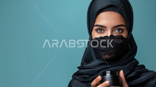مفهوم العناية بالبشرة, الأنوثة والنعومة و الاهتمام بالأناقة والمظهر الخارجي، بورتريه مقرب لإمرأة عربية خليجية سعودية مبتسمة ترتدي حجاب وعباءة  تنظر الى الكاميرا بتعابير السرور وتحمل بيدها مرطب تجميل، إيماءات الثقة بالنفس, خلفية زرقاء