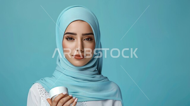 مفهوم العناية بالبشرة, الأنوثة والنعومة و الاهتمام بالأناقة والمظهر الخارجي، بورتريه مقرب لإمرأة عربية خليجية سعودية مبتسمة ترتدي حجاب وعباءة  تنظر الى الكاميرا بتعابير السرور وتحمل بيدها مرطب تجميل، إيماءات الثقة بالنفس, خلفية زرقاء