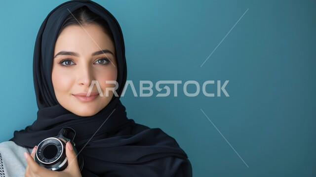 Attention to elegance and external appearance, the concept of femininity and softness, a close-up portrait of a smiling Saudi Gulf Arab woman wearing a hijab and abaya and looking at the camera with expressions of pleasure, gestures of self-confidence, blue background