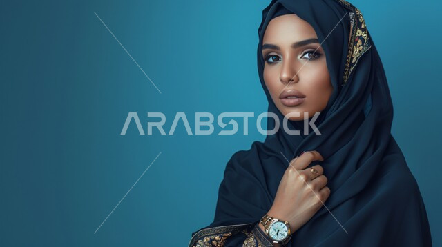 Attention to elegance and external appearance, the concept of femininity and softness, a close-up portrait of a smiling Saudi Gulf Arab woman wearing a hijab and abaya and looking at the camera with expressions of pleasure, gestures of self-confidence, blue background