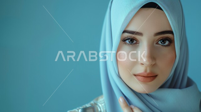 Attention to elegance and external appearance, the concept of femininity and softness, a close-up portrait of a smiling Saudi Gulf Arab woman wearing a hijab and abaya and looking at the camera with expressions of pleasure, gestures of self-confidence, blue background