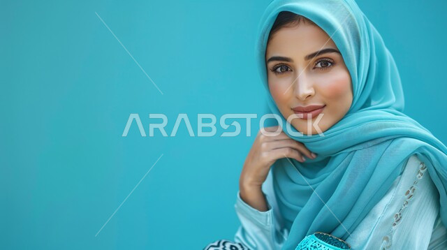 الاهتمام بالأناقة والمظهر الخارجي، مفهوم الأنوثة والنعومة، بورتريه مقرب لإمرأة عربية خليجية سعودية مبتسمة ترتدي حجاب وعباءة وتنظر الى الكاميرا بتعابير السرور، إيماءات الثقة بالنفس, خلفية زرقاء