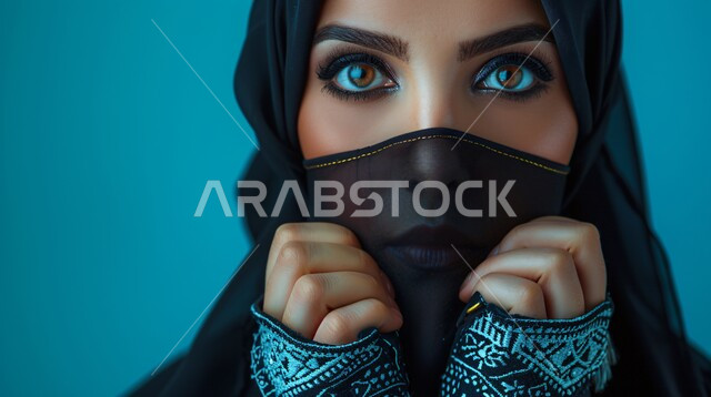 الاهتمام بالأناقة والمظهر الخارجي، مفهوم الأنوثة والنعومة، بورتريه مقرب لإمرأة عربية خليجية سعودية مبتسمة ترتدي حجاب وعباءة وتنظر الى الكاميرا بتعابير السرور، إيماءات الثقة بالنفس, خلفية زرقاء