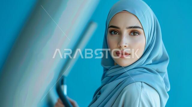 Attention to elegance and external appearance, the concept of femininity and softness, a close-up portrait of a smiling Saudi Gulf Arab woman wearing a hijab and abaya and looking at the camera with expressions of pleasure, gestures of self-confidence, blue background