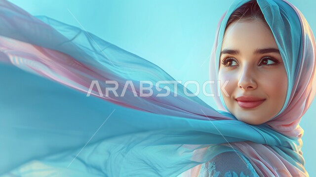 الاهتمام بالأناقة والمظهر الخارجي، مفهوم الأنوثة والنعومة، بورتريه مقرب لإمرأة عربية خليجية سعودية مبتسمة ترتدي حجاب وعباءة وتنظر الى شيء ما بتعابير السرور، إيماءات الثقة بالنفس, خلفية زرقاء