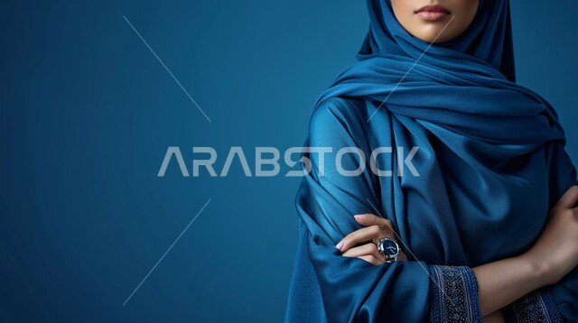 الاهتمام بالأناقة والمظهر الخارجي، مفهوم الأنوثة والنعومة، بورتريه مقرب لإمرأة عربية خليجية سعودية  ترتدي حجاب وعباءة تقف بايدي متقاطعة وتنظر الى شيء ما، إيماءات الثقة بالنفس, خلفية زرقاء