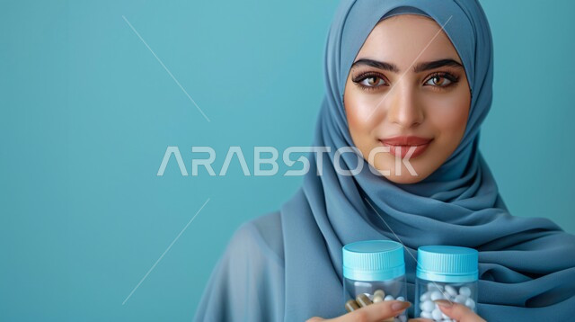 الاهتمام بالأناقة والمظهر الخارجي، مفهوم الأنوثة والنعومة، بورتريه مقرب لإمرأة عربية خليجية سعودية  ترتدي حجاب وعباءة  تنظر الى الكاميرا بتعابير السرور وتحمل بيديها علب دواء، إيماءات الثقة بالنفس, خلفية زرقاء
