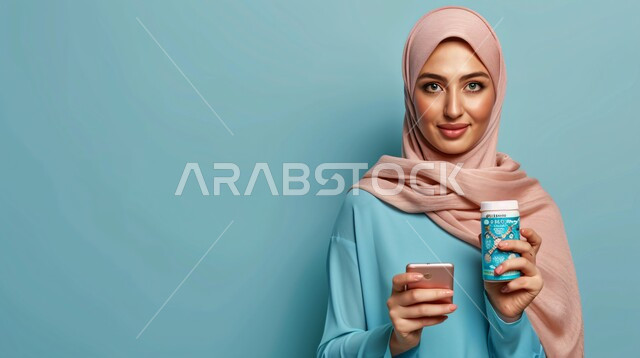 الاهتمام بالأناقة والمظهر الخارجي، مفهوم التحدث بواسطة مواقع التواصل الاجتماعي، بورتريه مقرب لإمرأة عربية خليجية سعودية  ترتدي حجاب وعباءة  تنظر الى الكاميرا بتعابير السرور وتحمل بيدها علبة دواء اثناء التواصل مع الطبيب، إيماءات الثقة بالنفس, خلفية زرقاء