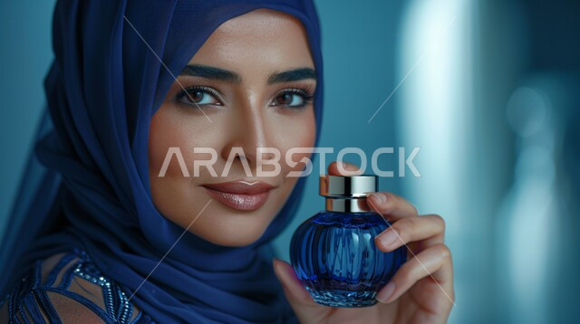 مفهوم التعطر والتطيب بالعطور والعود، الاهتمام بالأناقة والمظهر الخارجي، بورتريه مقرب لإمرأة عربية خليجية سعودية  ترتدي حجاب وعباءة  تنظر الى الكاميرا بتعابير السرور وتحمل بيدها زجاجة عطر، إيماءات الثقة بالنفس, خلفية زرقاء