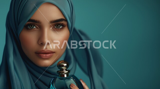 مفهوم التعطر والتطيب بالعطور والعود، الاهتمام بالأناقة والمظهر الخارجي، بورتريه مقرب لإمرأة عربية خليجية سعودية  ترتدي حجاب وعباءة  تنظر الى الكاميرا بتعابير السرور وتحمل بيدها زجاجة عطر، إيماءات الثقة بالنفس, خلفية زرقاء
