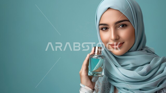 مفهوم التعطر والتطيب بالعطور والعود، الاهتمام بالأناقة والمظهر الخارجي، بورتريه مقرب لإمرأة عربية خليجية سعودية  ترتدي حجاب وعباءة  تنظر الى الكاميرا بتعابير السرور وتحمل بيدها زجاجة عطر، إيماءات الثقة بالنفس, خلفية زرقاء