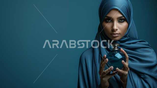 مفهوم التعطر والتطيب بالعطور والعود، الاهتمام بالأناقة والمظهر الخارجي، بورتريه مقرب لإمرأة عربية خليجية سعودية  ترتدي حجاب وعباءة  تنظر الى الكاميرا بتعابير السرور وتحمل بيدها زجاجة عطر، إيماءات الثقة بالنفس, خلفية زرقاء
