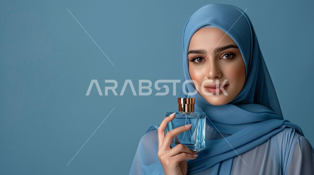 مفهوم التعطر والتطيب بالعطور والعود، الاهتمام بالأناقة والمظهر الخارجي، بورتريه مقرب لإمرأة عربية خليجية سعودية  ترتدي حجاب وعباءة  تنظر الى الكاميرا بتعابير السرور وتحمل بيدها زجاجة عطر، إيماءات الثقة بالنفس, خلفية زرقاء